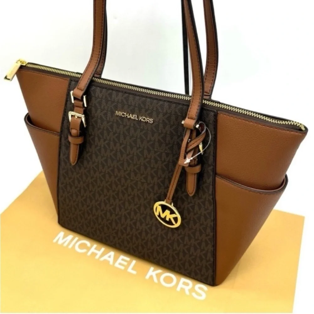 Michael Kors Large Charlotte Tote Bag & Continental Wallet Luggage Brown
